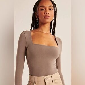 Abercrombie and Fitch Square Neck Long Sleeve Bodysuit - Soft A&F - Taupe